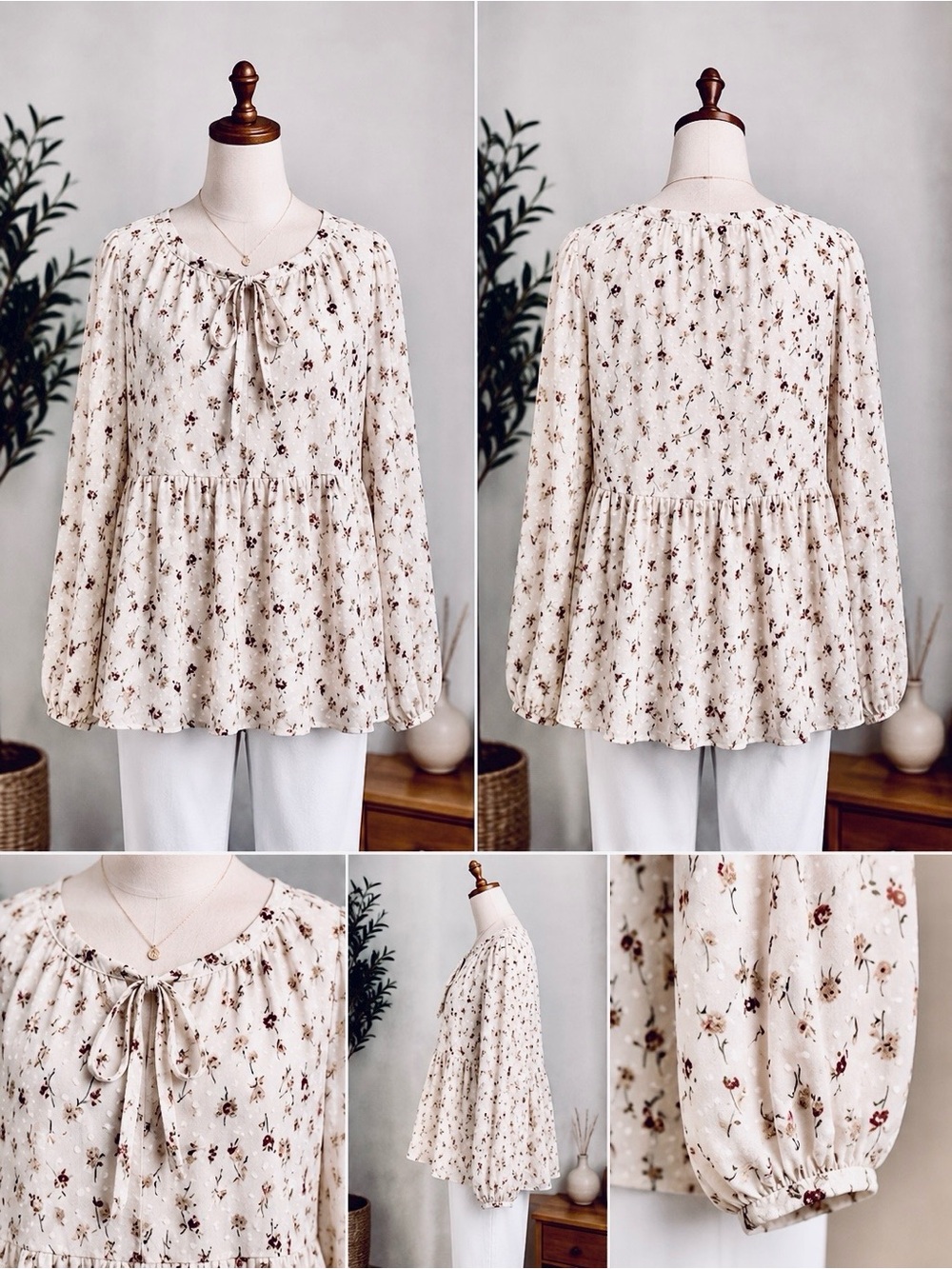 Cream Babydoll Floral Blouse with Sheer Sleeves